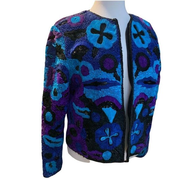 Vtg Rear Life & Style fashions Inc. 100% Pure Silk Ribbon Beaded Sequin Jacket M - Picture 9 of 13